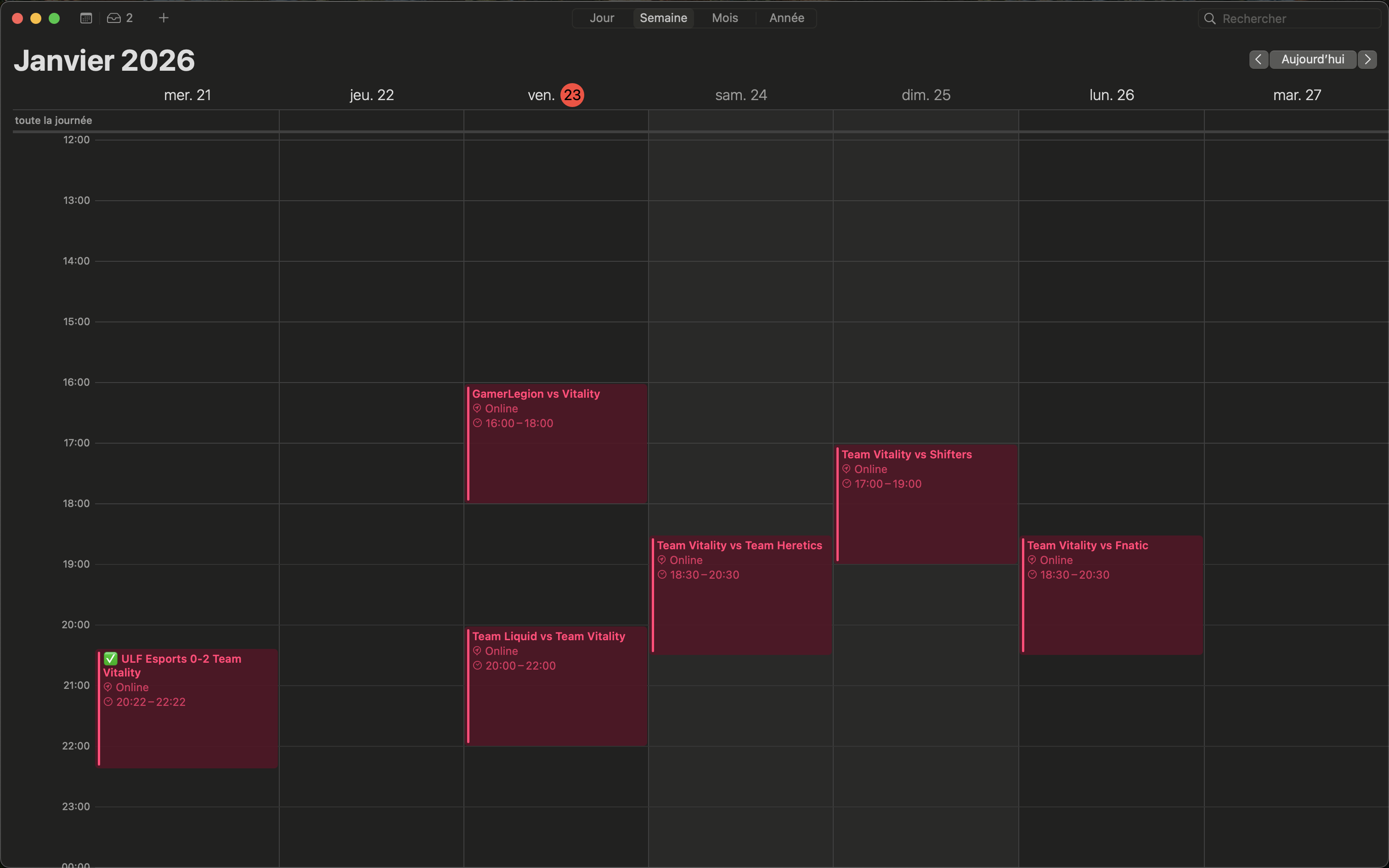 Esports matches in Apple Calendar — iCal subscription preview